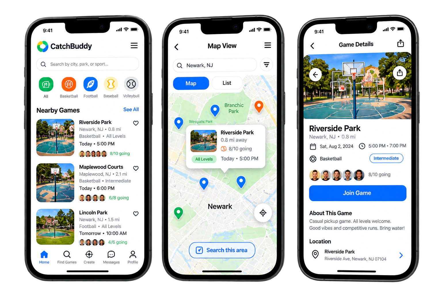 Three CatchBuddy phone screens: nearby games, the map view, and a game detail with who is going